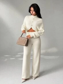 SHEIN PETITE 2 Pieces Ribbed Knit Lounge Set Featuring Asymmetrical Sweater With Decorative Bow Accents And Matching High-Waisted Pants Halloween Puppy Keep New Fall Fashion Women Knit Two Pieces Set Cream Two Pieces Set Comfortable Two Pieces Set Elegant Two Pieces Set Two Pieces Pants Set - White - View 1