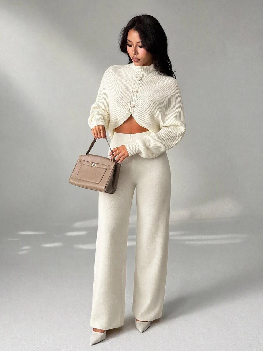 SHEIN PETITE 2 Pieces Ribbed Knit Lounge Set Featuring Asymmetrical Sweater With Decorative Bow Accents And Matching High-Waisted Pants Halloween Puppy Keep New Fall Fashion Women Knit Two Pieces Set Cream Two Pieces Set Comfortable Two Pieces Set Elegant Two Pieces Set Two Pieces Pants Set - White - View 1
