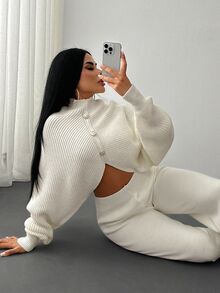 SHEIN PETITE 2 Pieces Ribbed Knit Lounge Set Featuring Asymmetrical Sweater With Decorative Bow Accents And Matching High-Waisted Pants Halloween Puppy Keep New Fall Fashion Women Knit Two Pieces Set Cream Two Pieces Set Comfortable Two Pieces Set Elegant Two Pieces Set Two Pieces Pants Set - White - View 3