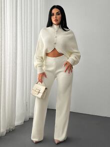 SHEIN PETITE 2 Pieces Ribbed Knit Lounge Set Featuring Asymmetrical Sweater With Decorative Bow Accents And Matching High-Waisted Pants Halloween Puppy Keep New Fall Fashion Women Knit Two Pieces Set Cream Two Pieces Set Comfortable Two Pieces Set Elegant Two Pieces Set Two Pieces Pants Set - White - View 4