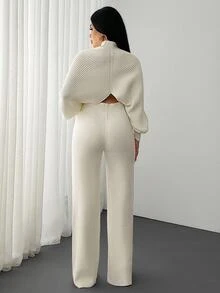 SHEIN PETITE 2 Pieces Ribbed Knit Lounge Set Featuring Asymmetrical Sweater With Decorative Bow Accents And Matching High-Waisted Pants Halloween Puppy Keep New Fall Fashion Women Knit Two Pieces Set Cream Two Pieces Set Comfortable Two Pieces Set Elegant Two Pieces Set Two Pieces Pants Set - White - View 2