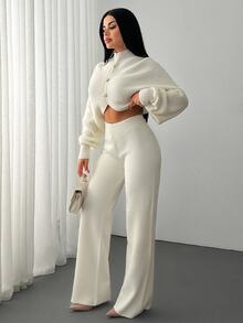 SHEIN PETITE 2 Pieces Ribbed Knit Lounge Set Featuring Asymmetrical Sweater With Decorative Bow Accents And Matching High-Waisted Pants Halloween Puppy Keep New Fall Fashion Women Knit Two Pieces Set Cream Two Pieces Set Comfortable Two Pieces Set Elegant Two Pieces Set Two Pieces Pants Set - White - View 6