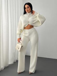 SHEIN PETITE 2 Pieces Ribbed Knit Lounge Set Featuring Asymmetrical Sweater With Decorative Bow Accents And Matching High-Waisted Pants Halloween Puppy Keep New Fall Fashion Women Knit Two Pieces Set Cream Two Pieces Set Comfortable Two Pieces Set Elegant Two Pieces Set Two Pieces Pants Set - White - View 5