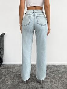 SHEIN PETITE Women Light Wash Straight Leg Rhinestone Embroidered Cross Waist Jeans - Light Wash - View 2