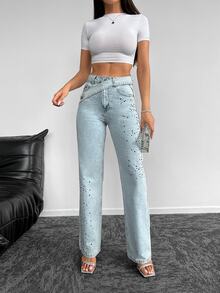 SHEIN PETITE Women Light Wash Straight Leg Rhinestone Embroidered Cross Waist Jeans - Light Wash - View 6