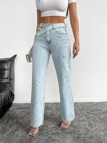 SHEIN PETITE Women Light Wash Straight Leg Rhinestone Embroidered Cross Waist Jeans - Light Wash - View 3