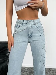 SHEIN PETITE Women Light Wash Straight Leg Rhinestone Embroidered Cross Waist Jeans - Light Wash - View 4