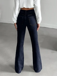 SHEIN PETITE Women's Solid Color Pocket Fashionable Elegant Wide-Leg Jeans - أزرق داكن - مشاهدة 2