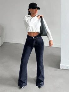 SHEIN PETITE Women's Solid Color Pocket Fashionable Elegant Wide-Leg Jeans - أزرق داكن - مشاهدة 5