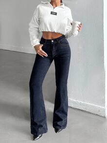 SHEIN PETITE Women's Solid Color Pocket Fashionable Elegant Wide-Leg Jeans - أزرق داكن - مشاهدة 4