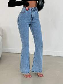 SHEIN PETITE سراويل جينز نسائية ذات خصر عالي مغسولة بقصة واسعة - أزرق فاتح - مشاهدة 5