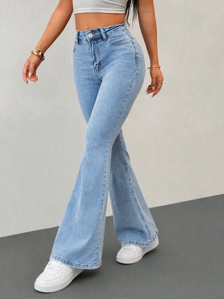 SHEIN PETITE سراويل جينز نسائية ذات خصر عالي مغسولة بقصة واسعة - أزرق فاتح - مشاهدة 1