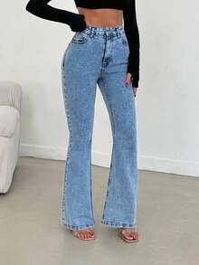 SHEIN PETITE سراويل جينز نسائية ذات خصر عالي مغسولة بقصة واسعة - أزرق فاتح - مشاهدة 11