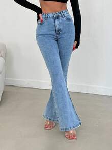 SHEIN PETITE سراويل جينز نسائية ذات خصر عالي مغسولة بقصة واسعة - أزرق فاتح - مشاهدة 9