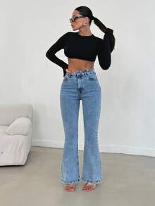SHEIN PETITE سراويل جينز نسائية ذات خصر عالي مغسولة بقصة واسعة - أزرق فاتح - مشاهدة 6