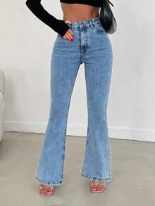 SHEIN PETITE سراويل جينز نسائية ذات خصر عالي مغسولة بقصة واسعة - أزرق فاتح - مشاهدة 4