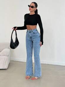 SHEIN PETITE سراويل جينز نسائية ذات خصر عالي مغسولة بقصة واسعة - أزرق فاتح - مشاهدة 10