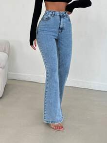 SHEIN PETITE سراويل جينز نسائية ذات خصر عالي مغسولة بقصة واسعة - أزرق فاتح - مشاهدة 7