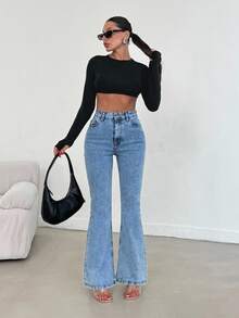 SHEIN PETITE سراويل جينز نسائية ذات خصر عالي مغسولة بقصة واسعة - أزرق فاتح - مشاهدة 3