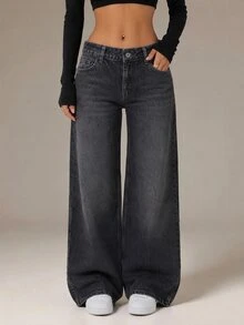 SHEIN PETITE سراويل جينز كاجوال واسعة الساق ذات خصر منخفض غسيل داكن مقاس صغير للنساء - أزرق داكن - مشاهدة 1
