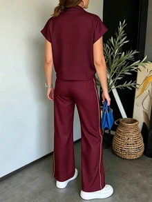Structelle 時尚高端拉鍊口袋襯衫與休閒長褲運動風女款兩件套 - 紅色 - 查看 2