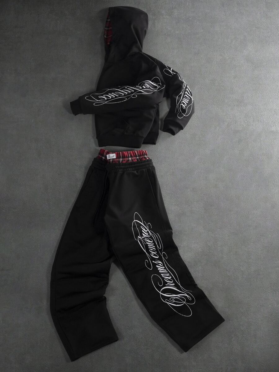 PAVTROS Men's Letter Print Hoodie & Sweatpants Set - Black - View 1
