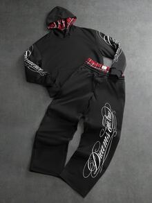 PAVTROS Men's Letter Print Hoodie & Sweatpants Set - Black - View 8