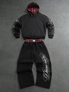 PAVTROS Men's Letter Print Hoodie & Sweatpants Set - Black - View 2
