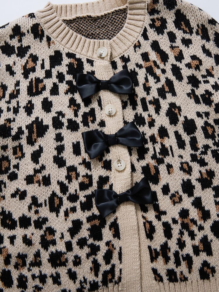 SHEIN Girls' Autumn/Winter Fashion Leopard Print Handmade Bow Decor Long Sleeve Knit Cardigan - White - View 5