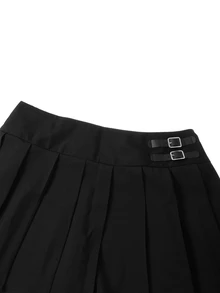 SHEIN Clasi 大尺碼女款高腰百褶裙，鈕扣裝飾，休閒時尚黑色百褶裙，適合秋季辦公通勤 - 黑色 - 查看 5