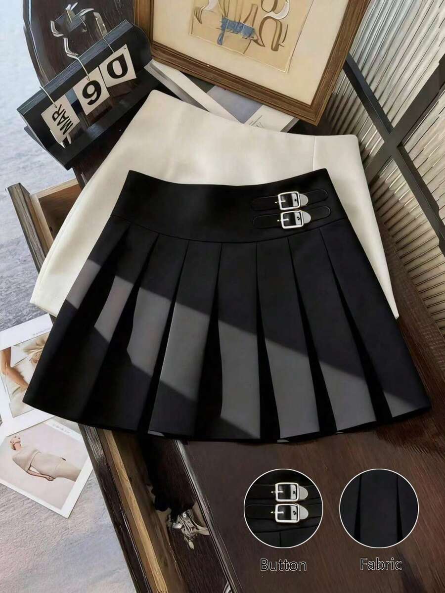 SHEIN Clasi 大尺碼女款高腰百褶裙,鈕扣裝飾,休閒時尚黑色百褶裙,適合秋季辦公通勤 - 黑色 - 查看 1