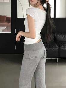 DAZY بنطلون طويل نسائي بلون سادة بقصة ساق واسعة على الطراز الكوري بأسلوب أنثوي وجمالي إنترنت للخريف - رمادي - مشاهدة 4