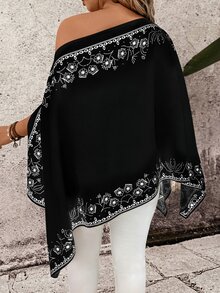 Breezaya Plus Size Women Floral Print Asymmetrical Shoulder Casual Versatile Daily Wear Shirt Fall - Black - View 2