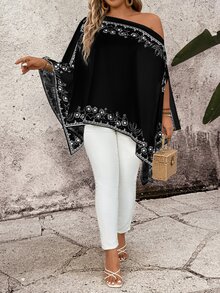 Breezaya Plus Size Women Floral Print Asymmetrical Shoulder Casual Versatile Daily Wear Shirt Fall - Black - View 6