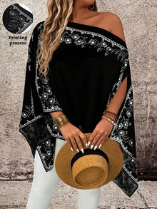 Breezaya Plus Size Women Floral Print Asymmetrical Shoulder Casual Versatile Daily Wear Shirt Fall - Black - View 1