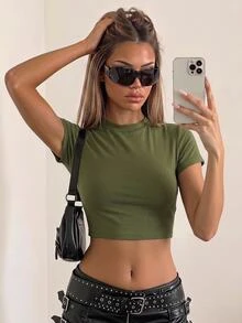 SHEIN ICON Casual Minimalist Deep Army Green Round Neck Short Sleeve Fitted Cropped Women T-Shirt, Suitable For Summer - Army Green - View 3