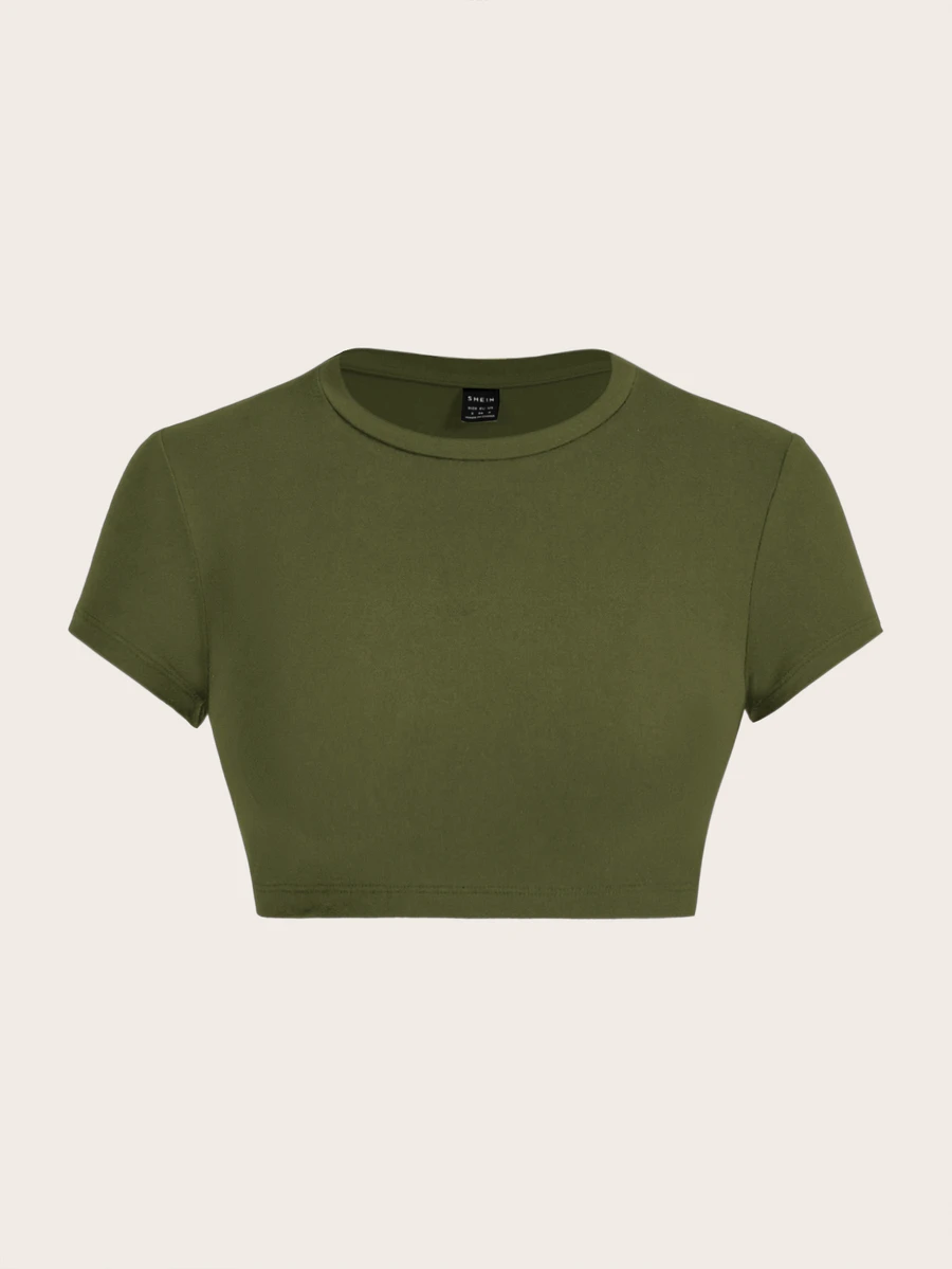 SHEIN ICON Casual Minimalist Deep Army Green Round Neck Short Sleeve Fitted Cropped Women T-Shirt, Suitable For Summer - Army Green - View 1