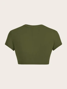 SHEIN ICON Casual Minimalist Deep Army Green Round Neck Short Sleeve Fitted Cropped Women T-Shirt, Suitable For Summer - Army Green - View 2