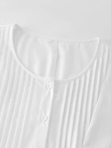 SHEIN LUNE CURVE Plus Size Women Round Neck Button-Up Shirt, Spring/Summer - White - View 7