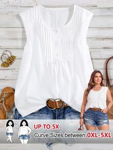 SHEIN LUNE CURVE Plus Size Women Round Neck Button-Up Shirt, Spring/Summer - White - View 1