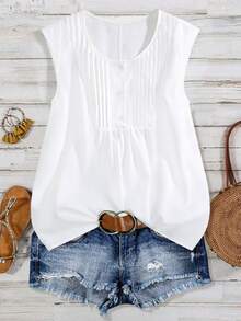 SHEIN LUNE CURVE Plus Size Women Round Neck Button-Up Shirt, Spring/Summer - White - View 3