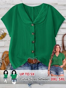 SHEIN LUNE 夏季大码简约纹理短袖翻领衬衫 - 綠色 - 查看 1