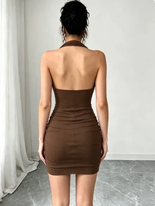 Elenzga 酒红色女士修身纹理褶皱百搭优雅连衣裙 - 棕色 - 查看 3