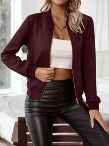 SHEIN PariChic 女士经典纯色拉链长袖修身休闲夹克 - 酒紅色 - 查看 7