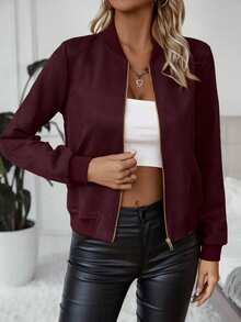 SHEIN PariChic 女士经典纯色拉链长袖修身休闲夹克 - 酒紅色 - 查看 4