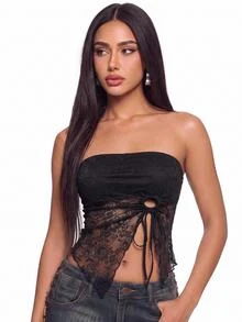 SHEIN ICON Lace Up Side Lace Tube Asymmetrical Top - Black - View 3