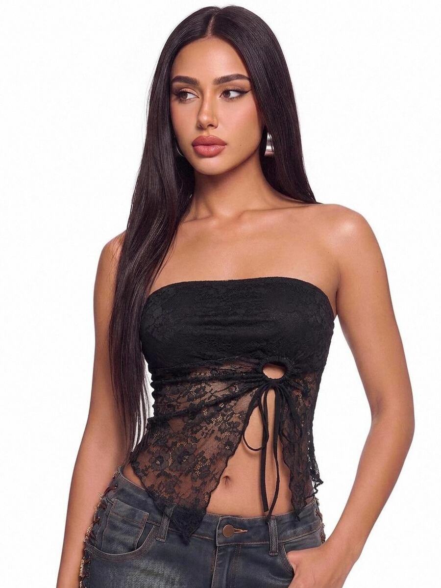 SHEIN ICON Top asimétrico con cordones laterales - Negro - Ver 1