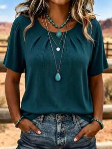 EMERY ROSE Plus Size Vacation Casual Solid Color Textured Puff Sleeve Shirt - Blue - View 6