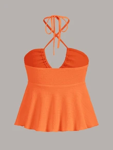 SHEIN ICON 纯色露背上衣 - 橘色 - 查看 2