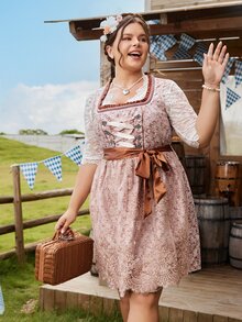 SHEIN Frenchy Plus Size Dirndl Women's German Oktoberfest Lace Patchwork Jacquard Midi Dress - Multicolor - View 5